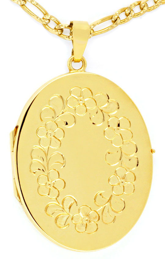 Foto 2 - Gold Medaillon mit Figaro Goldkette Blütengravur, S6923